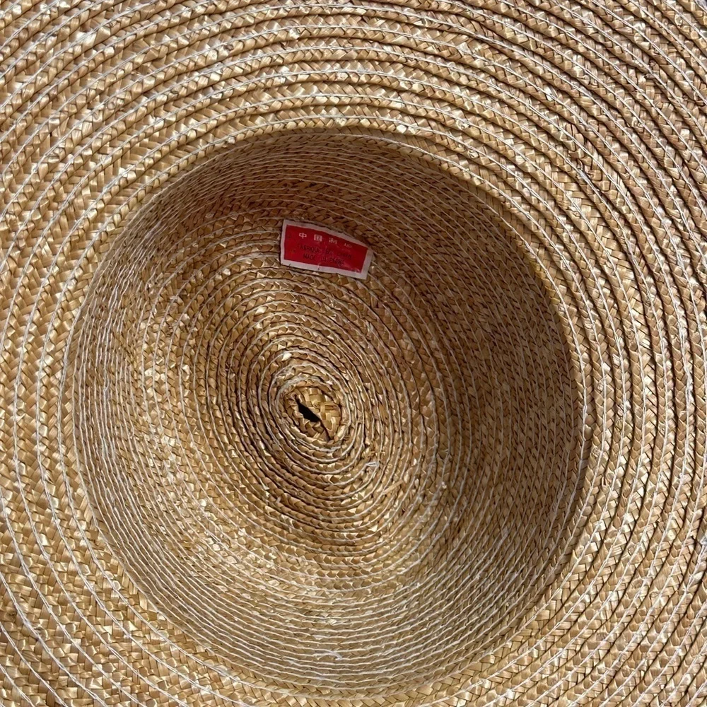 Womens Tan Straw Sun Hat Animal Print Accent Band Pearl Stick Pin Wide Brim Hat